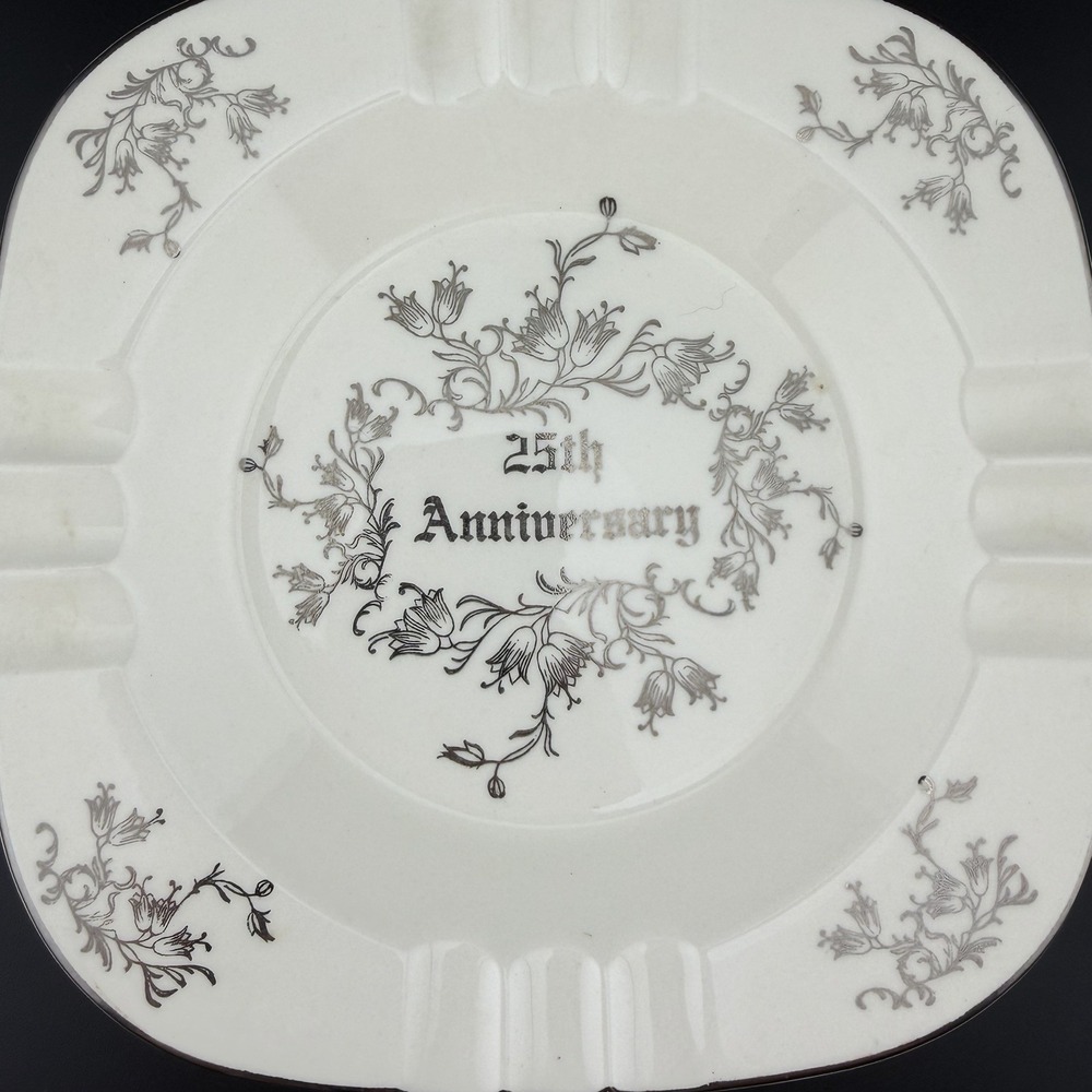 Vintage 25th Anniversary Porcelain Ashtray Silver Floral Bell Trinket Dish
